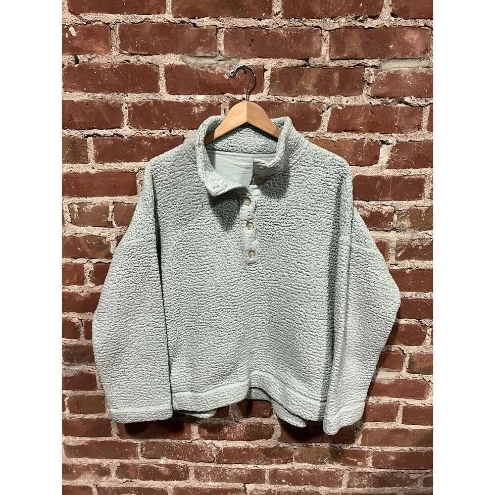 Aerie Womens Grey 1/4 Button Up Mock neck Fleece Sweatshirt Size Medium